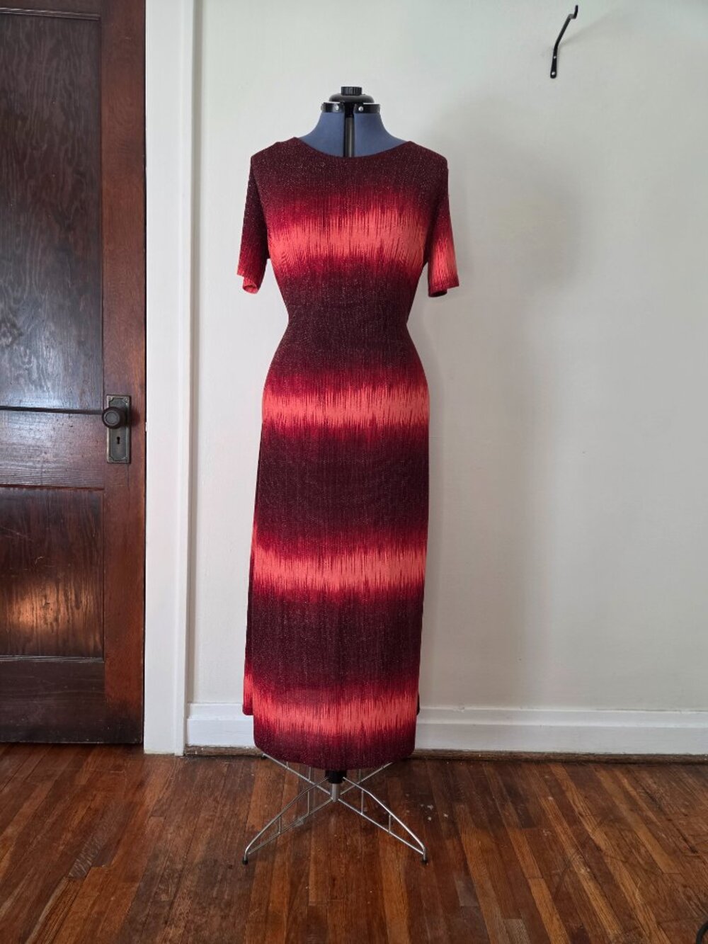 Vintage Red and Pink Stripe Sparkly Tie Back Short Sleeve Maxi Dress Nicco USA